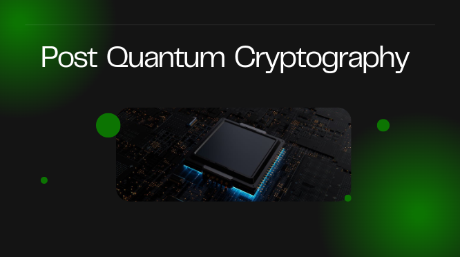 Futuristic microchip on a dark circuit board background, representing advanced technology in post-quantum cryptography