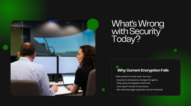 Two cybersecurity professionals discussing encryption in front of multiple monitors, highlighting concerns about current encryption methods in the era of quantum computing